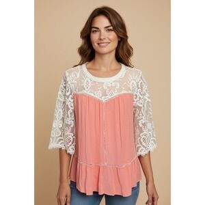 Blu Heaven Coral Pink Lace Embroidered Boho Peplum Top 3/4 Sleeves Sz M